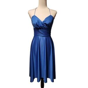 Vintage 70's Halter Disco‎ Dress Electric Blue XXS Satin Banded Ribbed Waist